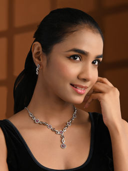 I Jewels - Pink Sliver-Plated Cubic Zirconia and American Diamond Jewellery Set for Women