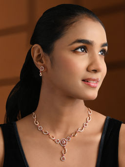 I Jewels - Pink Rose Gold-Plated Cubic Zirconia and American Diamond Jewellery Set for Women