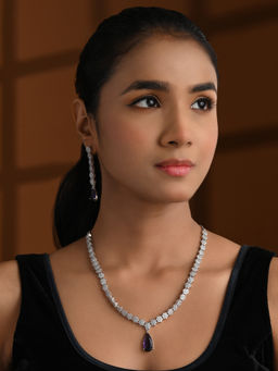 I Jewels - Purple Sliver-Plated Cubic Zirconia and American Diamond Jewellery Set for Women