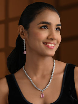I Jewels - Pink Sliver-Plated Cubic Zirconia and American Diamond Jewellery Set for Women