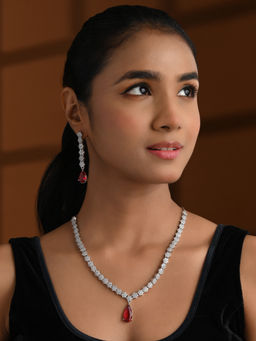 I Jewels - Red Sliver-Plated Cubic Zirconia and American Diamond Jewellery Set for Women