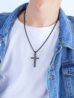 Yellow Chimes - Black Color Stainless Steel Cross Pendant Chain for Men