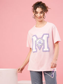 Globus - Women Pink Drop Shoulder Varsity Print Cotton Boxy Fit T-Shirt