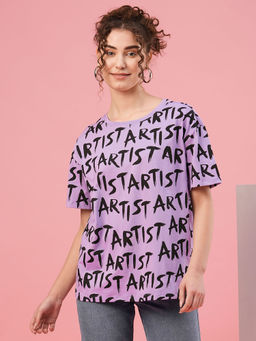 Globus - Women Lavender Drop Shoulder All over Typography Printed Cotton Boxy Fit T-Shirt