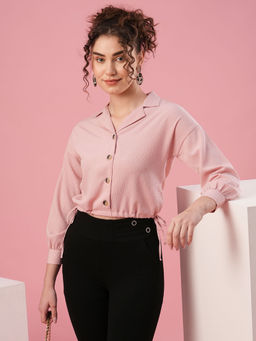 Globus - Women Pink Notched Lapel Collar Cuffed Sleeves Casual Crop Shirt