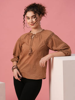 Globus - Women Brown Tie-Up Neck Bishop Sleeves Lace Insert Top