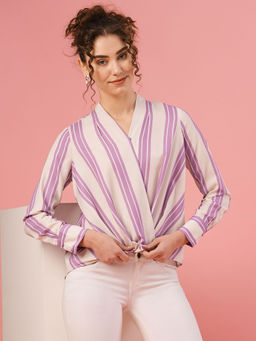 Globus - Women Lavender V-Neck Cuffed Sleeves Casual Top