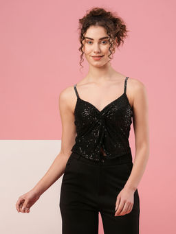 Globus - Women Black Sweetheart Neck Shoulder Straps Twisted Detail Sequinned Party Top