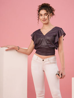Globus - Women Purple V-Neck Ruffled Sleeves Party Crop Top