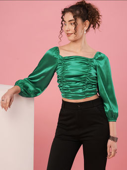 Globus - Women Green Square Neck Raglan Sleeves Party Crop Top