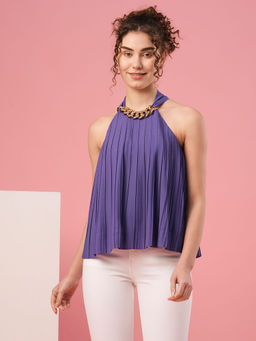 Globus - Women Purple Halter Neck Accordion Pleats A-Line Party Top