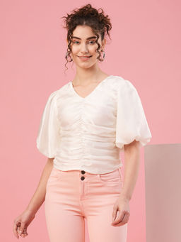 Globus - Women White Puff Sleeve V-Neck Party Top