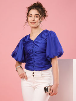 Globus - Women Navy Blue Puff Sleeve V-Neck Party Top