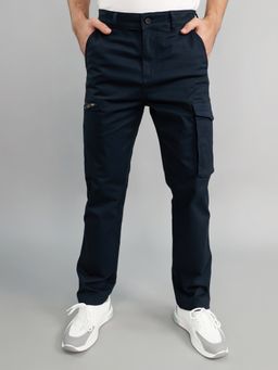 Monte Carlo - Men Navy Blue Blended Solid Cargo Pant