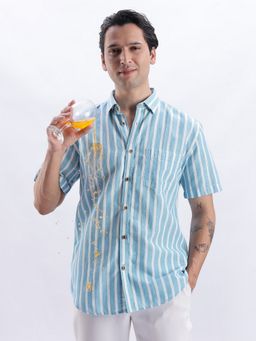 TURMS - Men Blue Cotton Linen Blend Stripes Shirt
