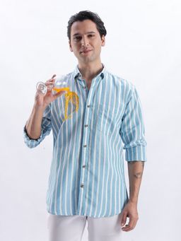TURMS - Men Blue Cotton Linen Blend Stripes Shirt