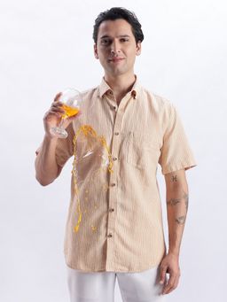 TURMS - Men Brown Cotton Linen Blend Stripes Shirt