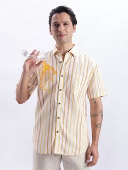 TURMS - Men Off White Cotton Linen Blend Stripes Shirt