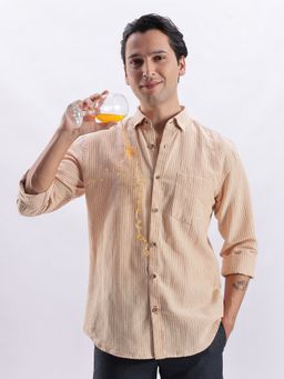 TURMS - Men Brown Cotton Linen Blend Stripes Shirt