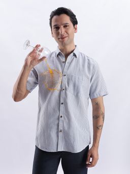 TURMS - Men Blue Cotton Linen Blend Stripes Shirt