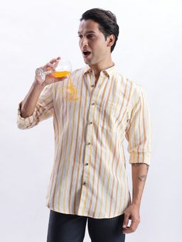 TURMS - Men Off White Cotton Linen Blend Stripes Shirt