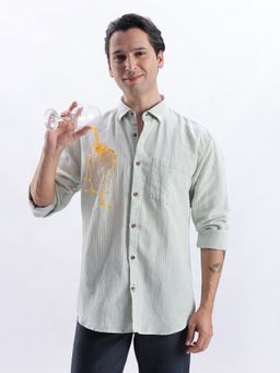TURMS - Men Green Cotton Linen Blend Stripes Shirt