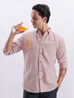 TURMS - Men Maroon Cotton Linen Blend Stripes Shirt