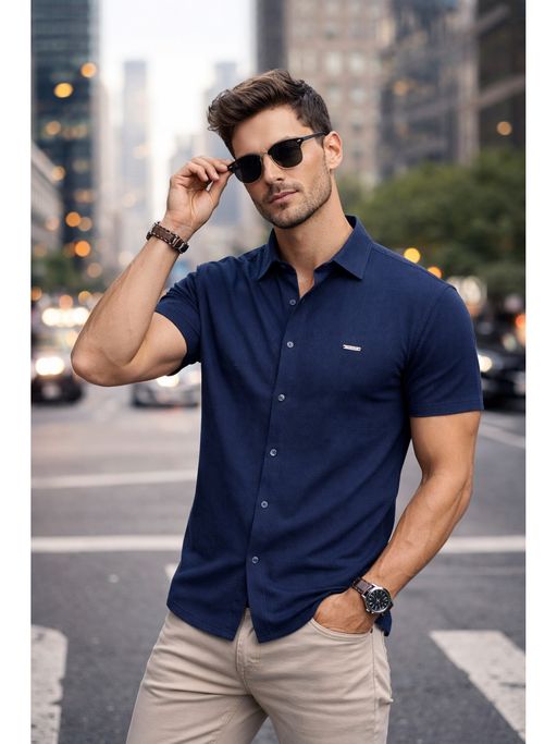 Parcel Yard Men Blue Cotton Blend Solid Shirt