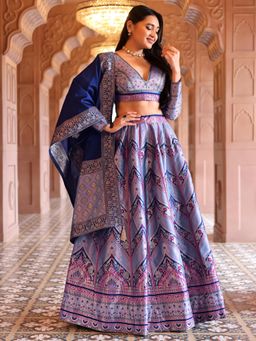 HOUSE OF PURVAJA - Women's Kanjivaram Blue Stitched Lehenga & Unstitched Choli with Dupatta
