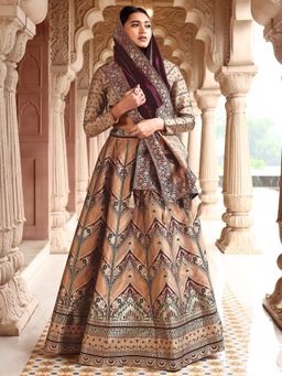 HOUSE OF PURVAJA - Women's Kanjivaram Gold Stitched Lehenga & Unstitched Choli with Dupatta
