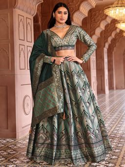 HOUSE OF PURVAJA - Women's Kanjivaram Green Stitched Lehenga & Unstitched Choli with Dupatta