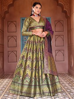 HOUSE OF PURVAJA - Women's Kanjivaram Olive Stitched Lehenga & Unstitched Choli with Dupatta