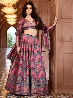 HOUSE OF PURVAJA - Women's Kanjivaram Pink Stitched Lehenga & Unstitched Choli with Dupatta