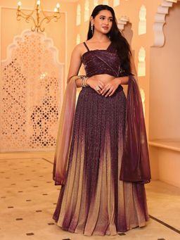 HOUSE OF PURVAJA - Women's Lycra Wine Stitched Lehenga & Unstitched Choli with Dupatta