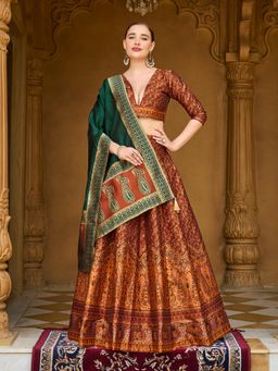 HOUSE OF PURVAJA - Women's Kanjivaram Rust Stitched Lehenga & Unstitched Choli with Dupatta