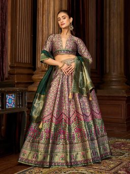 HOUSE OF PURVAJA - Embellished Kanjivaram Turquoise Stitched Lehenga & Unstitched Choli with Dupatta