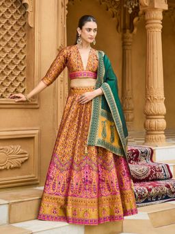 HOUSE OF PURVAJA - Women's Kanjivaram Yellow Stitched Lehenga & Unstitched Choli with Dupatta