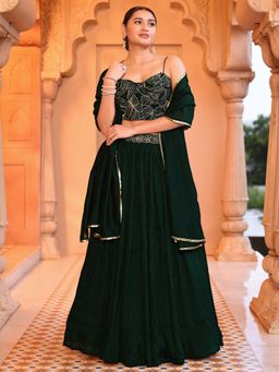 HOUSE OF PURVAJA - Women's Embroidery Green Stitched Lehenga & Unstitched Choli with Dupatta