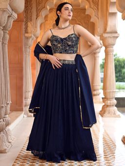 HOUSE OF PURVAJA - Women's Embroidery Navy Blue Stitched Lehenga & Unstitched Choli with Dupatta
