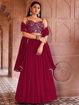 HOUSE OF PURVAJA - Women's Embroidery Red Stitched Lehenga & Unstitched Choli with Dupatta