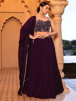 HOUSE OF PURVAJA - Women's Embroidery Wine Stitched Lehenga & Unstitched Choli with Dupatta