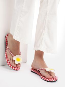 Zori World - Bahamas - Checkered Red With Flower Flats