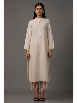 Tjori - White Pure Woven Cotton Kurta & Stripe Pant (Set of 2)