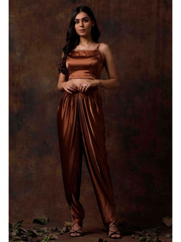 Tjori - Set Of 2 : Russet Brown Satin Slip Blouse & Dhoti (Set of 2)