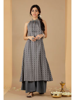 Tjori - Grey Bandhani Halter Neck Kurta & Flared Pant (Set of 2)