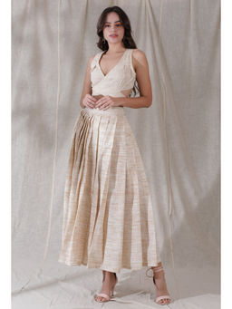 Tjori - Ivory Tan Khadi Crop Top with Khadi Pleated Flared Ankle Length Skirt (Set of 2)