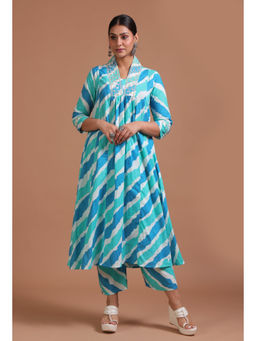 Tjori - Sky Blue Cotton Printed Dress & Pant (Set of 2)