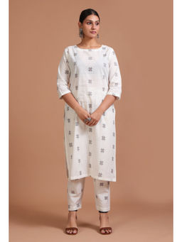 Tjori - White and Black Cotton Woven Kurta & Pant (Set of 2)