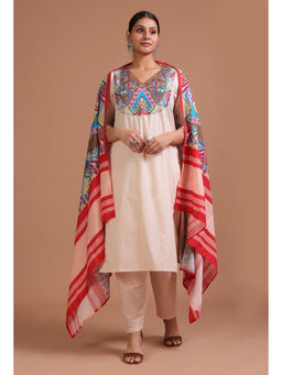 Tjori - Off White and Red Cotton Printed Kurta with Pant & Dupatta (Set of 3)