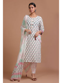 Tjori - White and Green Cotton Printed Kurta & Pant (Set of 2)